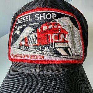 Vintage CN Diesel Shop Mountain Region Trucker Hat Cap Snapback Mesh Trains 80s